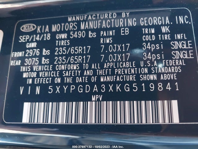 KIA SORENTO LX 2019 5XYPGDA3XKG519841 Image 9