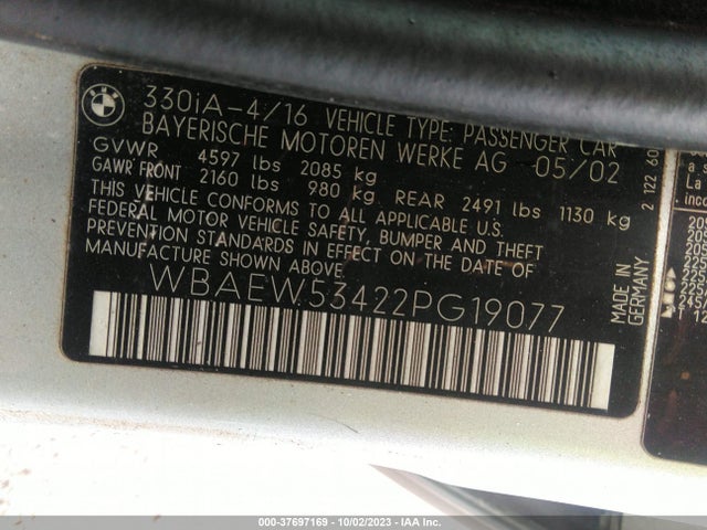 2002 BMW 3 SERIES 330XI VIN: WBAEW53422PG19077