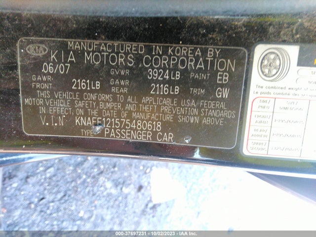 2007 KIA SPECTRA LX VIN: KNAFE121575480618