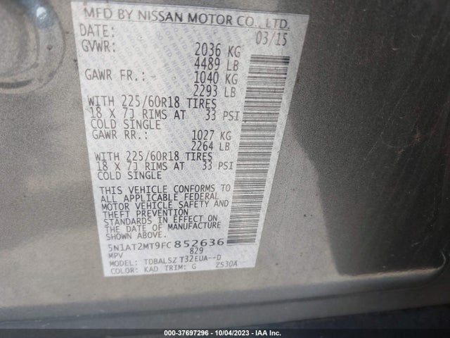 2015 NISSAN ROGUE SL VIN: 5N1AT2MT9FC852636