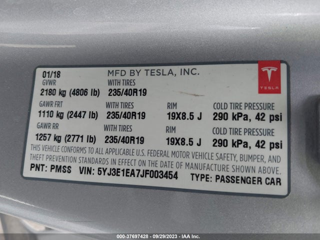 Tesla Model 3 Range Battery 2018 5YJ3E1EA7JF003454 Image 9