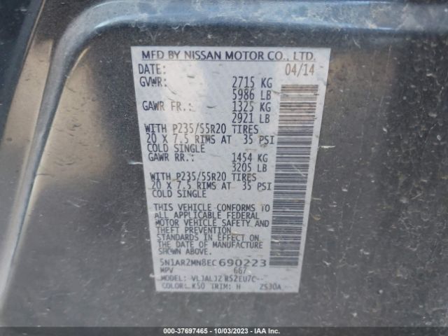 5N1AR2MN8EC690223 Nissan Pathfinder Platinum