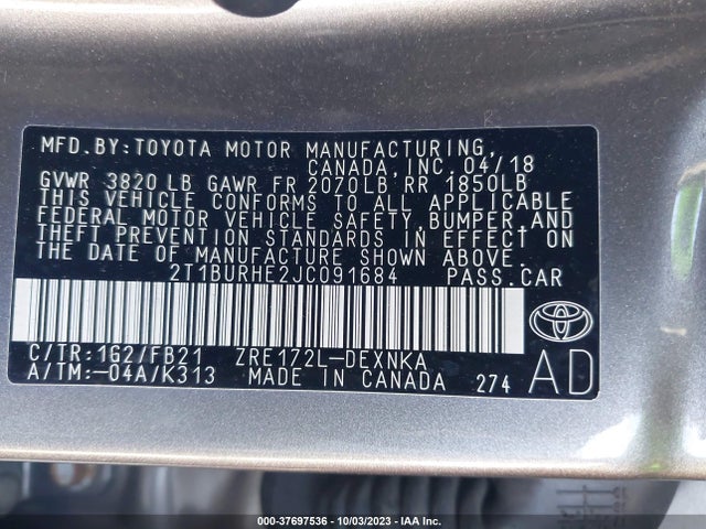 2018 TOYOTA COROLLA L/LE/XLE/SE/XSE VIN: 2T1BURHE2JC091684