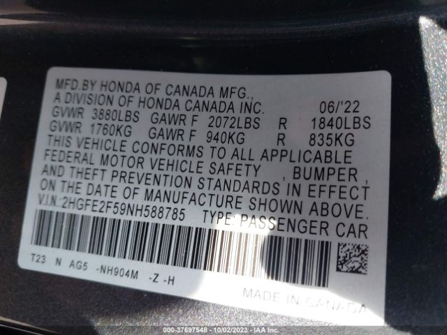 2HGFE2F59NH588785 Honda Civic Sedan Sport