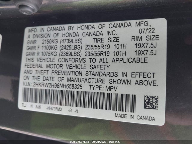 Honda Cr-v Touring 2022 2HKRW2H98NH658325 Image 9