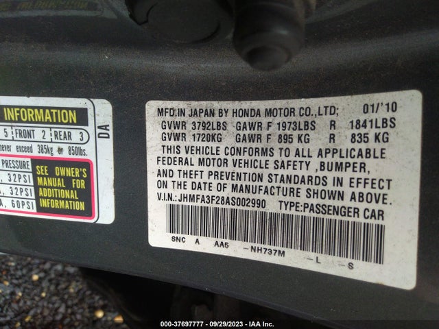 2010 HONDA CIVIC HYBRID VIN: JHMFA3F28AS002990