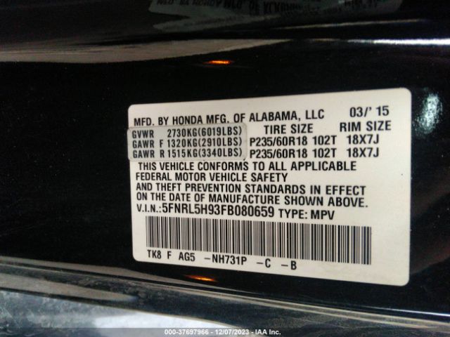 5FNRL5H93FB080659 Honda Odyssey Touring