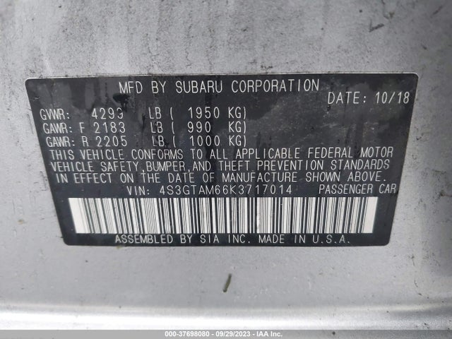 2019 SUBARU IMPREZA SPORT VIN: 4S3GTAM66K3717014
