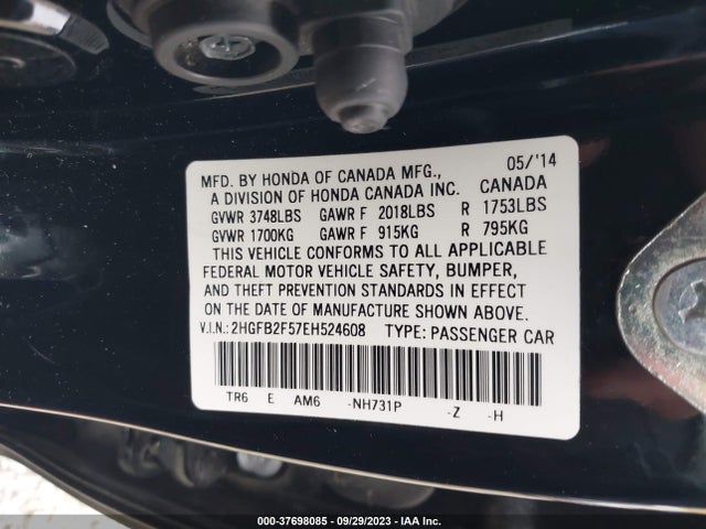 Honda Civic Sedan Lx 2014 2HGFB2F57EH524608 Image 9