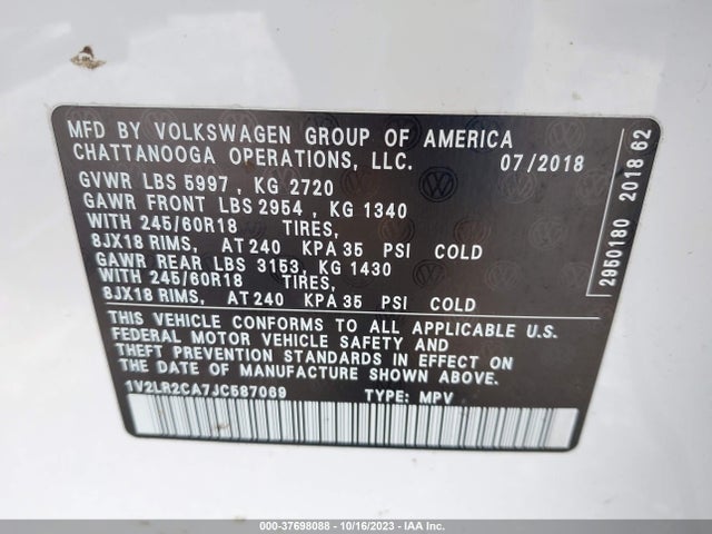 1V2LR2CA7JC587069 Volkswagen Atlas 3.6l V6 Se