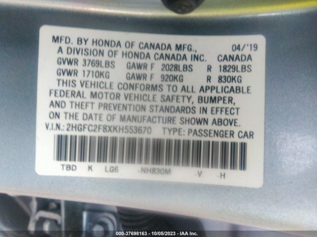 2HGFC2F8XKH553670 Honda Civic Sedan Sport