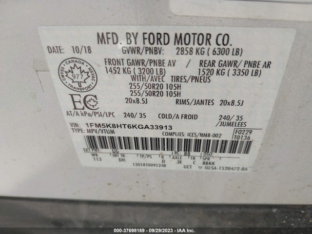 2019 FORD EXPLORER PLATINUM VIN: 1FM5K8HT6KGA33913