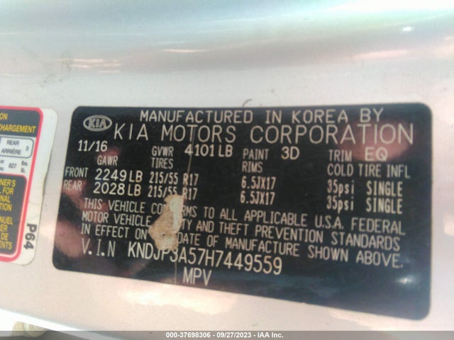 37698306 :رقم المزاد ، KNDJP3A57H7449559 vin ، 2017 Kia Soul + مزاد بيع