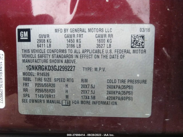 Chevrolet Traverse Lt 2016 1GNKRGKD3GJ299227 Image 9