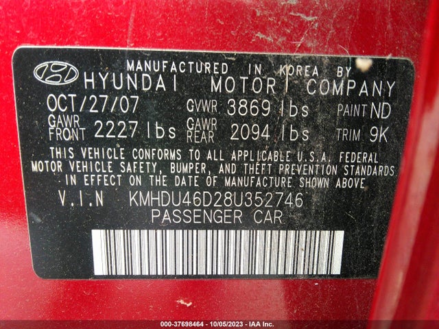 2008 HYUNDAI ELANTRA GLS/SE VIN: KMHDU46D28U352746