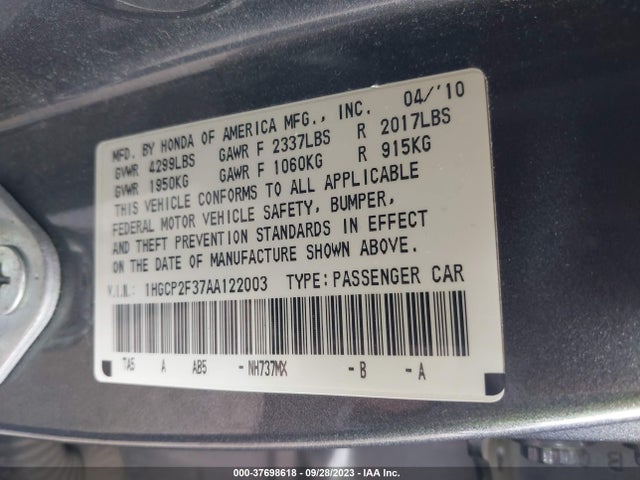 2010 HONDA ACCORD SDN LX VIN: 1HGCP2F37AA122003