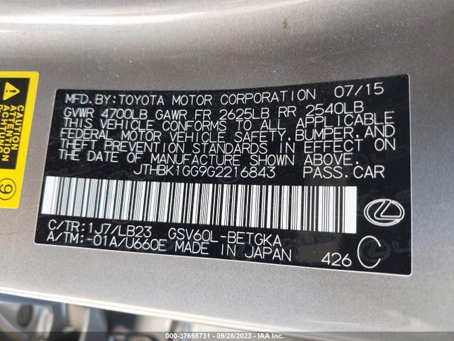 JTHBK1GG9G2216843 Lexus ES 350