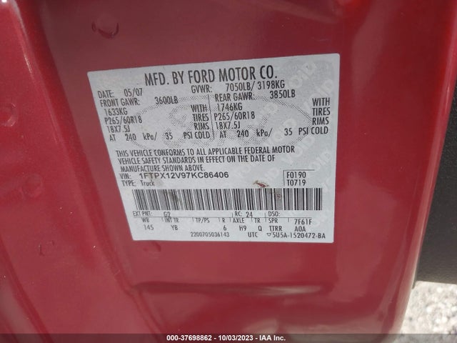 2007 FORD F-150 XL/STX/XLT/LARIAT/FX2 VIN: 1FTPX12V97KC86406