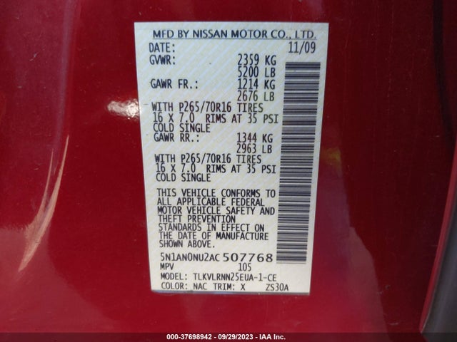 2010 NISSAN XTERRA S VIN: 5N1AN0NU2AC507768