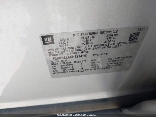 1GKKNLLAXHZ274141 GMC ACADIA SLE