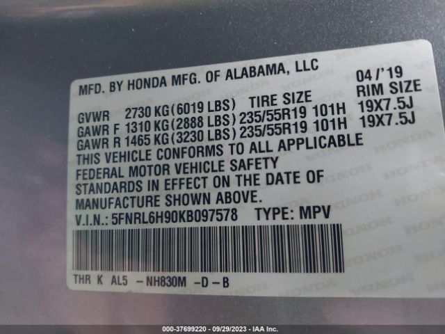 5FNRL6H90KB097578 Honda Odyssey Elite