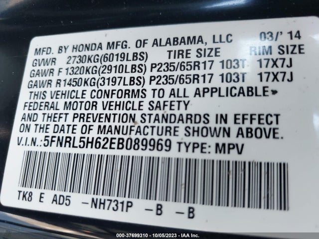 Honda Odyssey Ex-l 2014 5FNRL5H62EB089969 Image 9