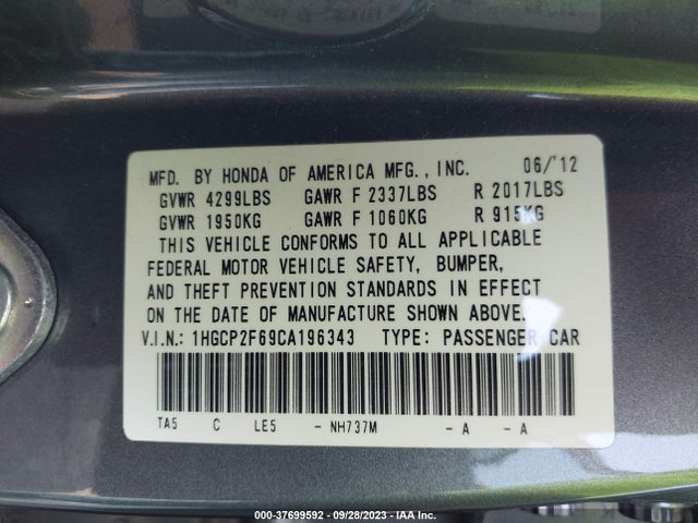 2012 HONDA ACCORD SDN SE VIN: 1HGCP2F69CA196343