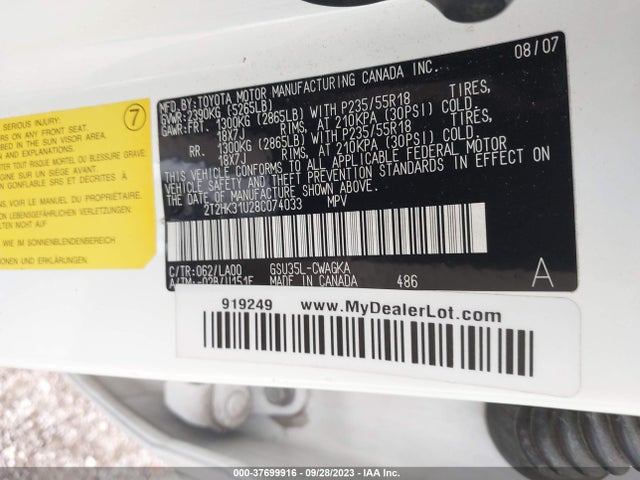 2008 LEXUS RX 350 VIN: 2T2HK31U28C074033