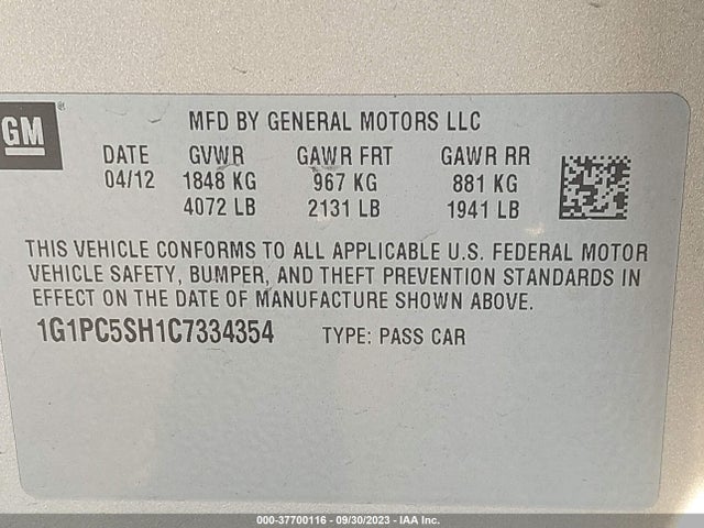 2012 CHEVROLET CRUZE LS VIN: 1G1PC5SH1C7334354