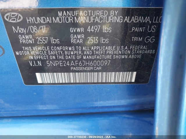 2018 HYUNDAI SONATA SE VIN: 5NPE24AF6JH600097