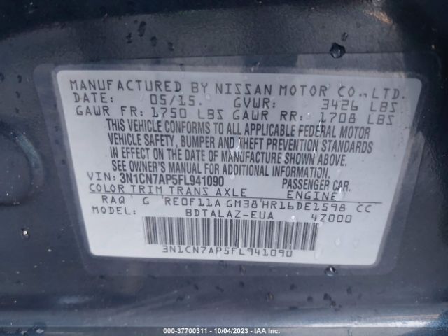 3N1CN7AP5FL941090 Nissan Versa S Plus