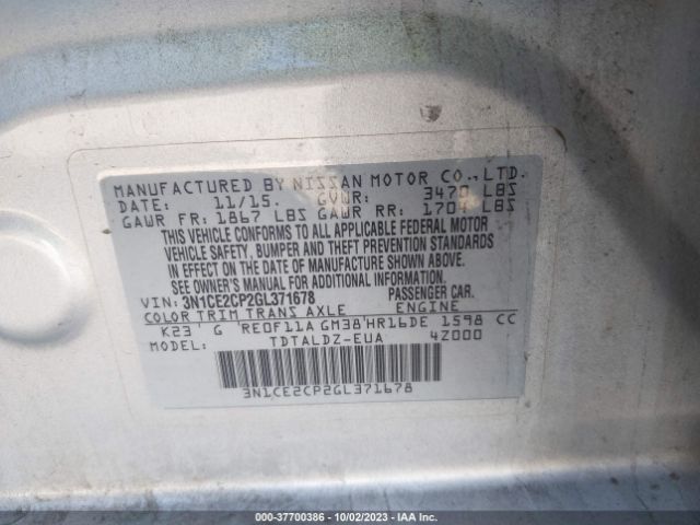 3N1CE2CP2GL371678 Nissan Versa Note S/s Plus/sv/sr/sl