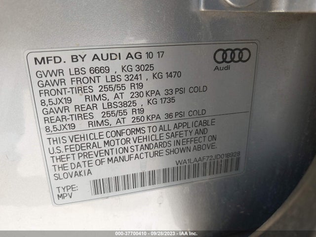 2018 AUDI Q7 PREMIUM PLUS VIN: WA1LAAF72JD018928