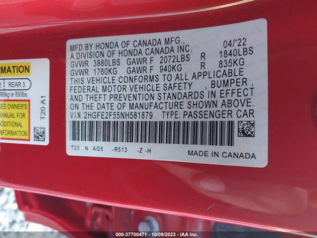 2HGFE2F55NH581879 Honda Civic Sedan Sport