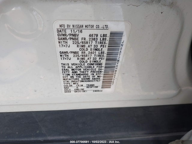 2017 NISSAN ROGUE SV VIN: JN8AT2MVXHW007757
