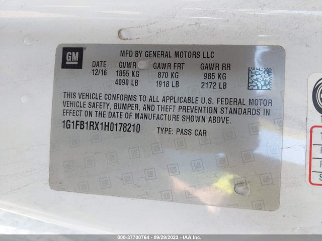 Chevrolet Camaro 1lt 2017 1G1FB1RX1H0178210 Image 9