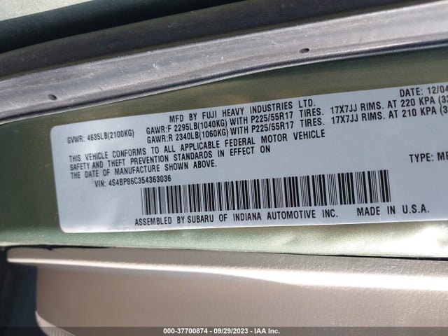 2005 SUBARU LEGACY WAGON (NATL) OUTBACK R L.L. BEAN VIN: 4S4BP86C354363036