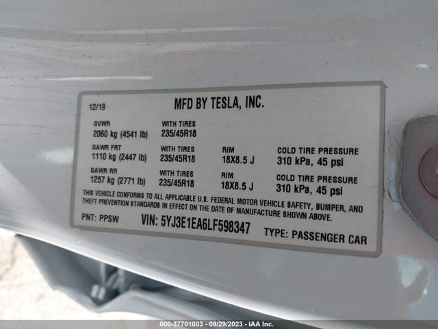 2020 Tesla 3, VIN: 5YJ3E1EA6LF598347