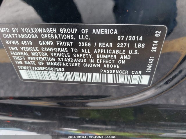 1VWCT7A39FC007393 Volkswagen Passat 1.8t Sel Premium