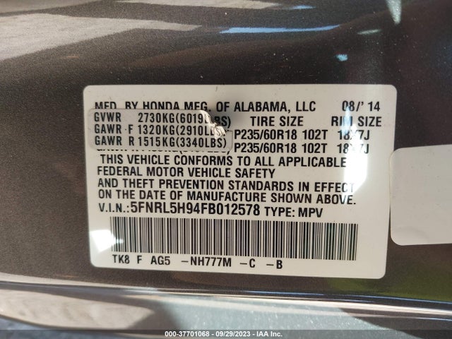 2015 HONDA ODYSSEY TOURING VIN: 5FNRL5H94FB012578