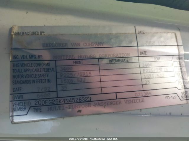 1992 GMC RALLY WAGON / VAN 2GDEG25K4N4526323 Photo 8