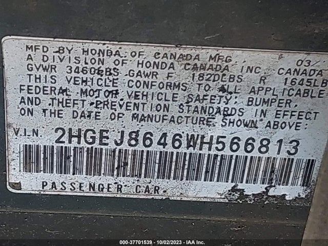1998 HONDA CIVIC EX VIN: 2HGEJ8646WH566813