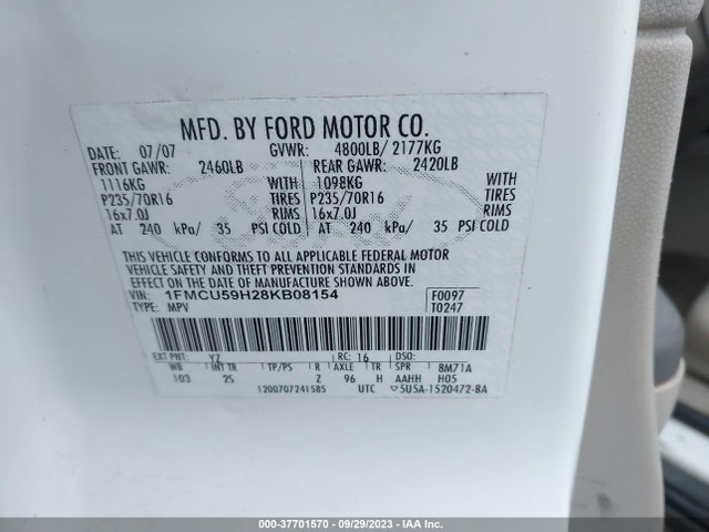 2008 FORD ESCAPE HYBRID VIN: 1FMCU59H28KB08154