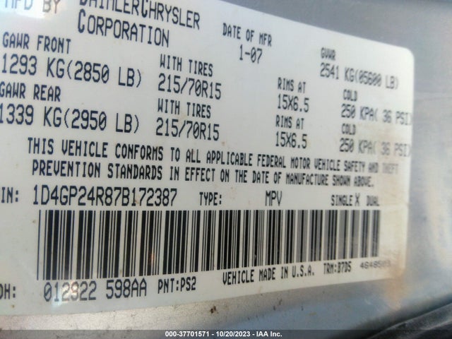 2007 DODGE GRAND CARAVAN SE VIN: 1D4GP24R87B172387