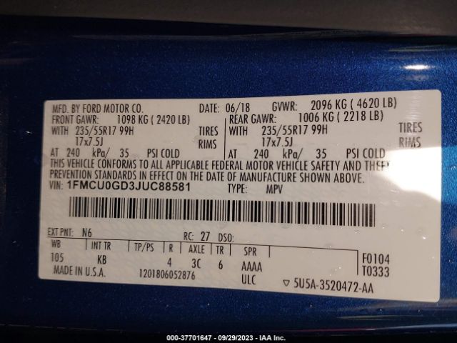 1FMCU0GD3JUC88581 Ford ESCAPE SE