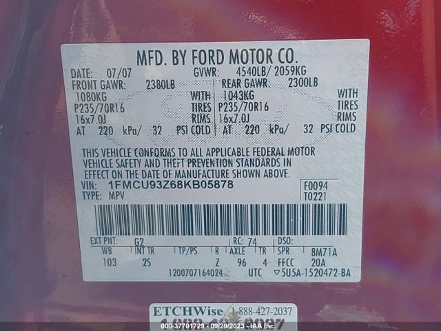 2008 FORD ESCAPE XLT VIN: 1FMCU93Z68KB05878