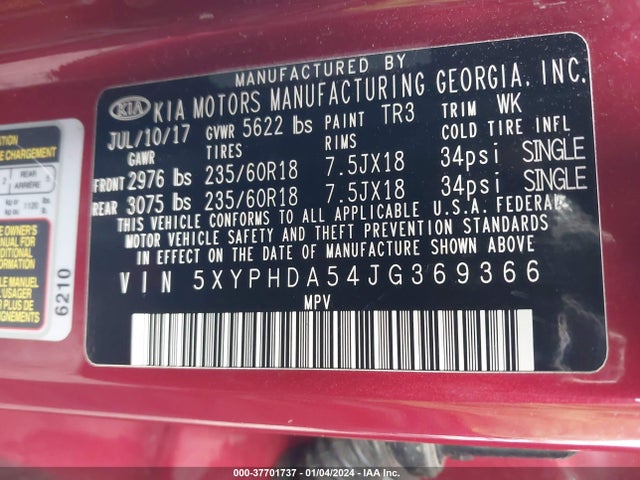 KIA Sorento 3.3l Ex 2018 5XYPHDA54JG369366 Image 9