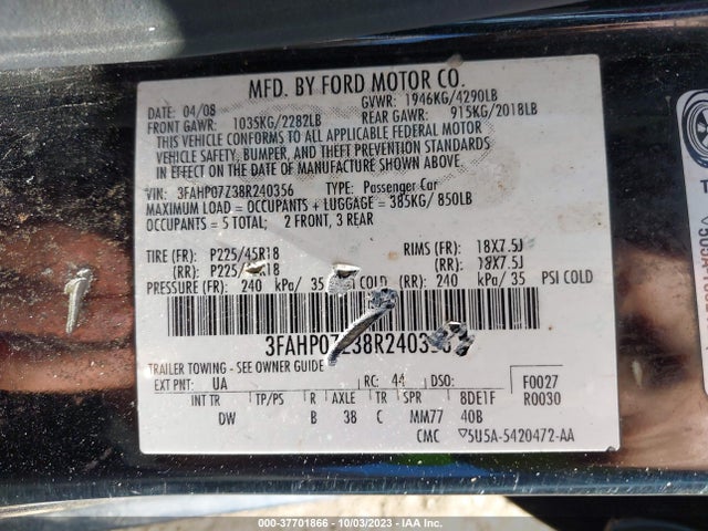 2008 FORD FUSION SE VIN: 3FAHP07Z38R240356