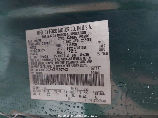 1999 MAZDA B-SERIES 2WD TRUCK SX/SE/TROY LEE VIN: 4F4YR12C9XTM40742