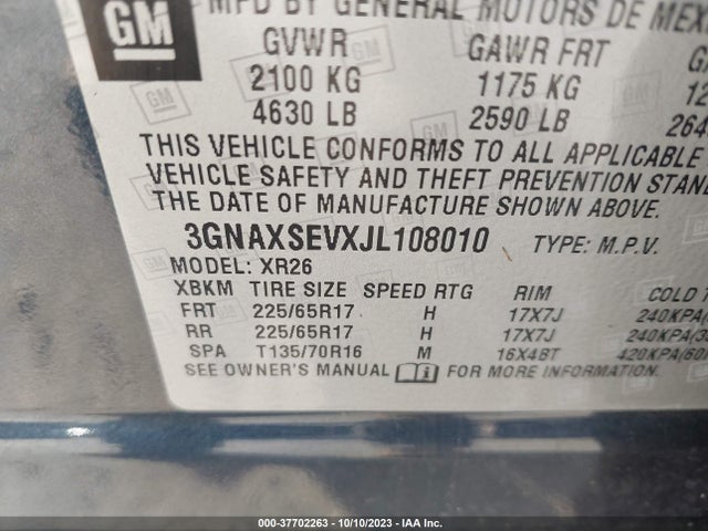 Chevrolet EQUINOX LT 2018 3GNAXSEVXJL108010 Image 9